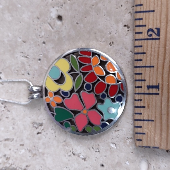 Multi Color Enamel Floral/Silvertone Necklace - Picture 5 of 7